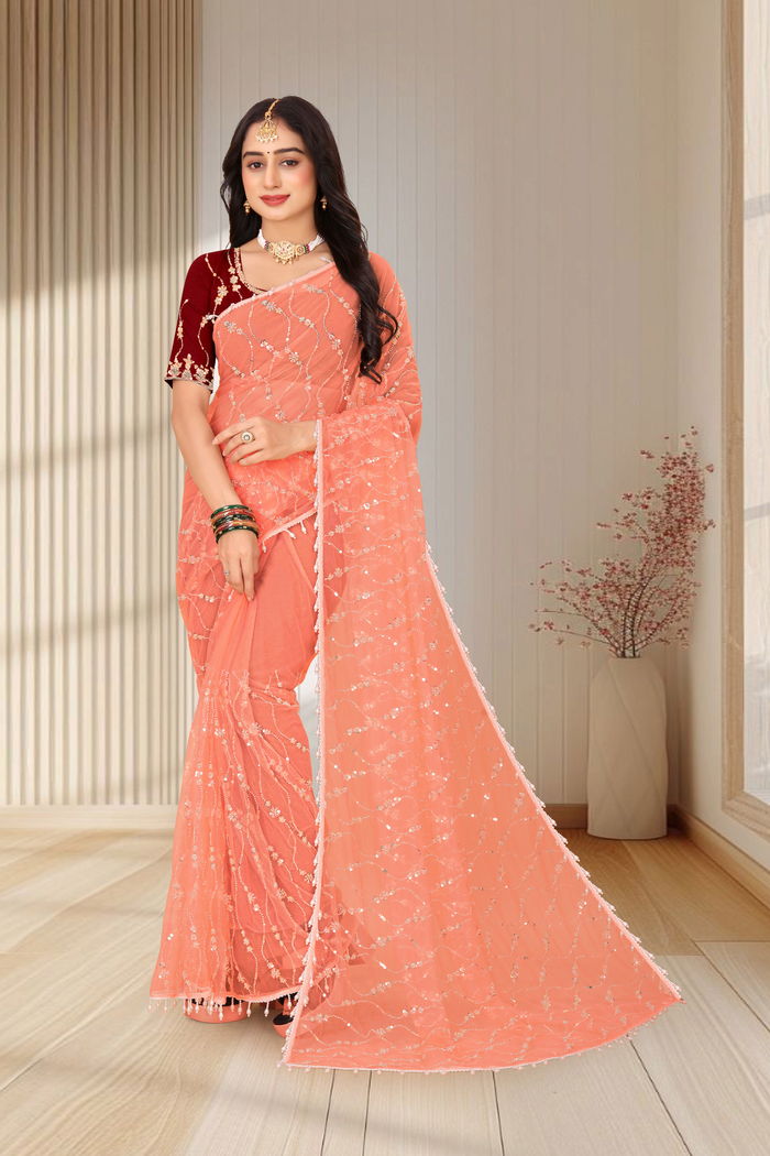 Khubani Coral Sequin Saree — Zardozi Cutwork with Scalloped Jaal Border