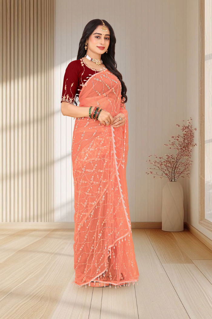 Khubani Coral Sequin Saree — view 3