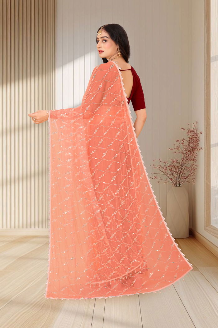 Khubani Coral Sequin Saree — view 4