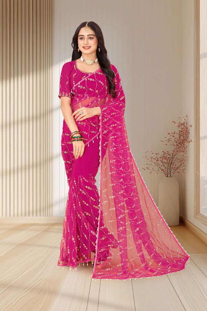 Rani Gulabi Zardozi Saree — Zardozi Cutwork with Scalloped Jaal Border