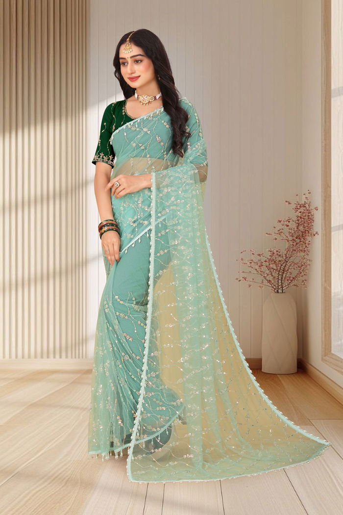 Pista Mint Cutwork Jaal Saree — view 2