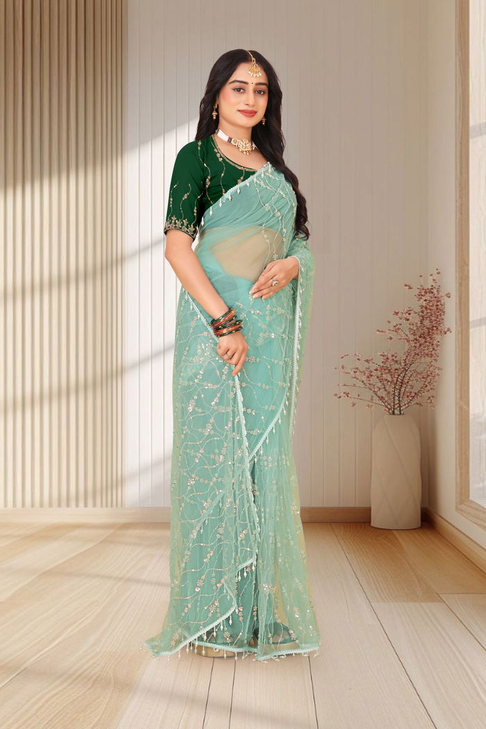 Pista Mint Cutwork Jaal Saree — view 3