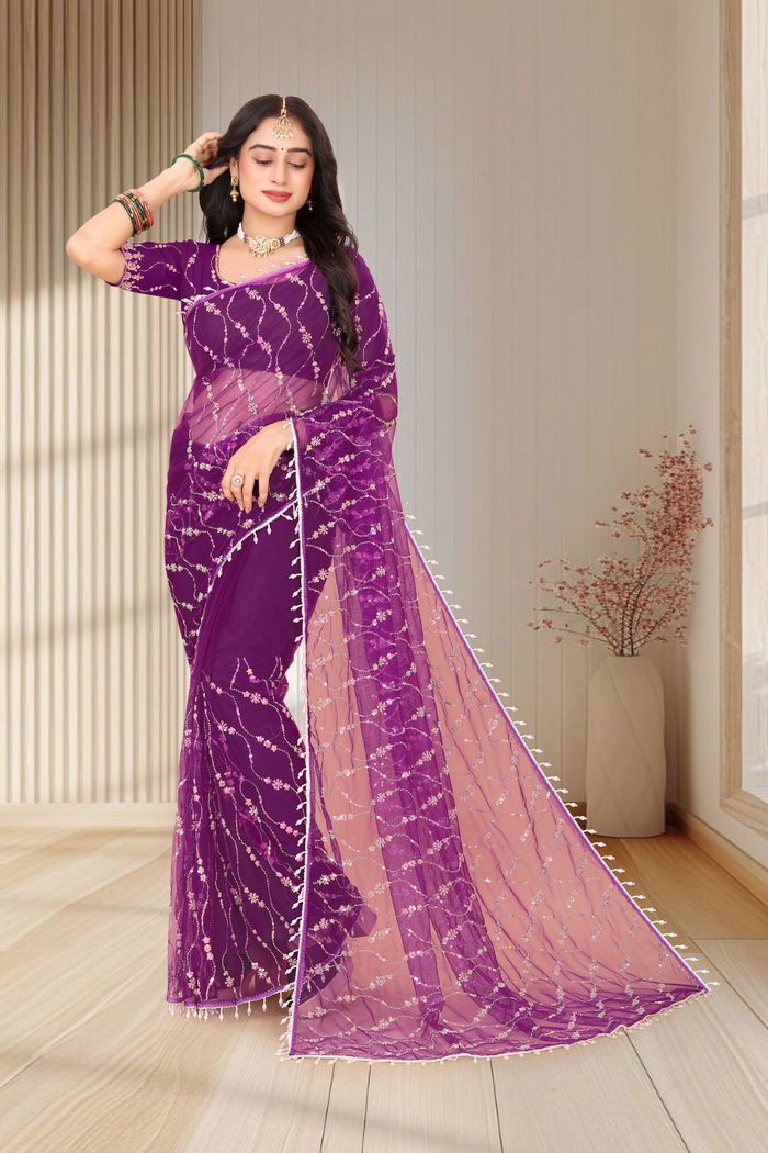 Baingani Amethyst Cutwork Saree — Zardozi Cutwork with Scalloped Jaal Border