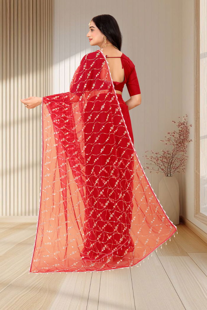 Sindoori Ruby Sequin Jaal Saree — view 3