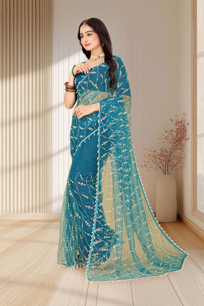 Morpankhi Teal Cutwork Saree — view 2
