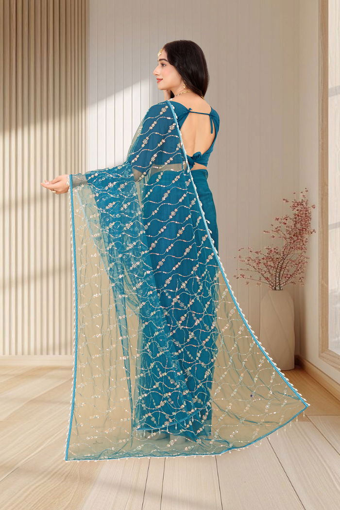 Morpankhi Teal Cutwork Saree — view 4