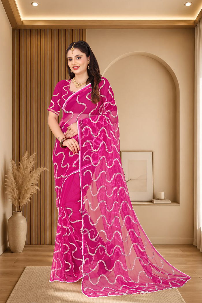 Nagin Rani Pink Saree — Nagin Jacquard Loom Weave with Resham Lehariya