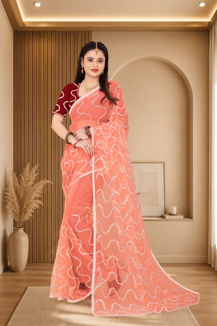 Nagin Khubani Peach Saree — Nagin Jacquard Loom Weave with Resham Lehariya