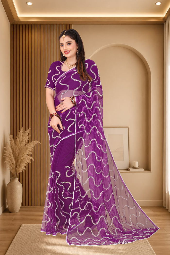 Nagin Baingani Purple Saree — Nagin Jacquard Loom Weave with Resham Lehariya