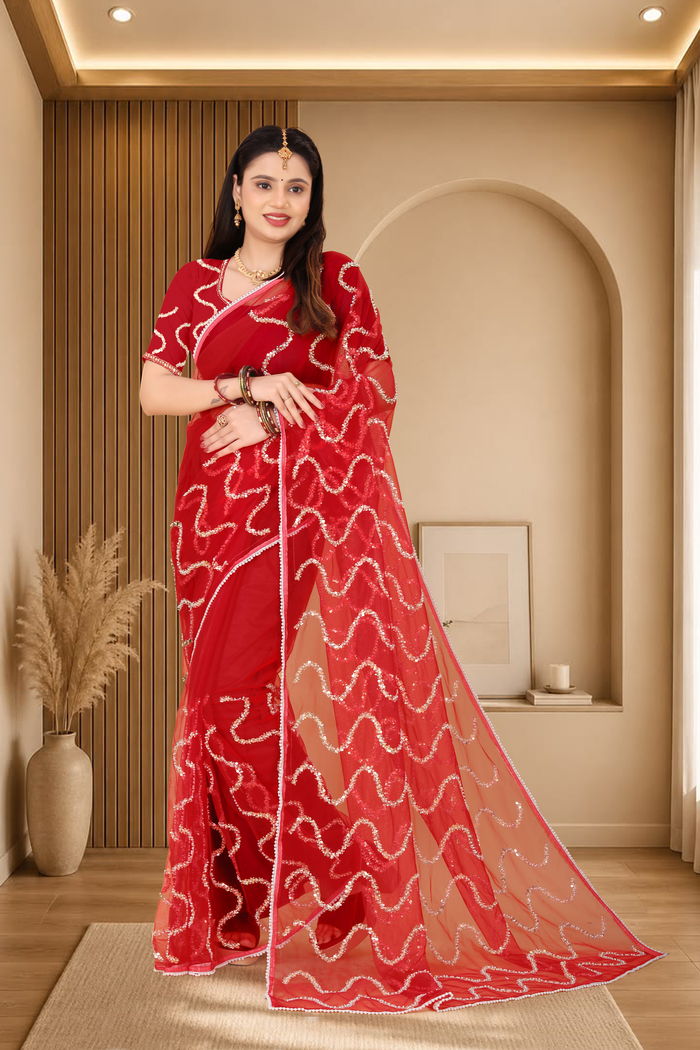 Nagin Sindoori Red Saree — Nagin Jacquard Loom Weave with Resham Lehariya