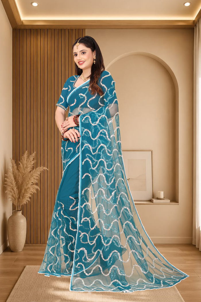 Nagin Morpankhi Teal Saree — view 2