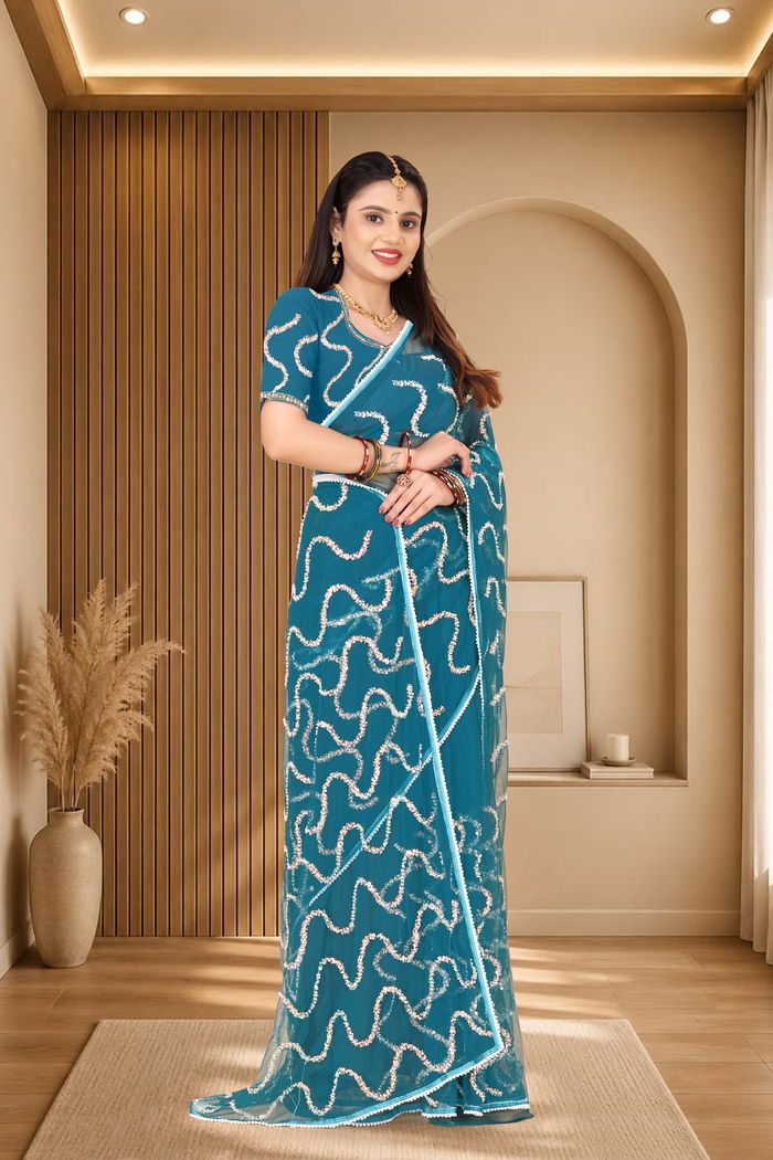 Nagin Morpankhi Teal Saree — view 3