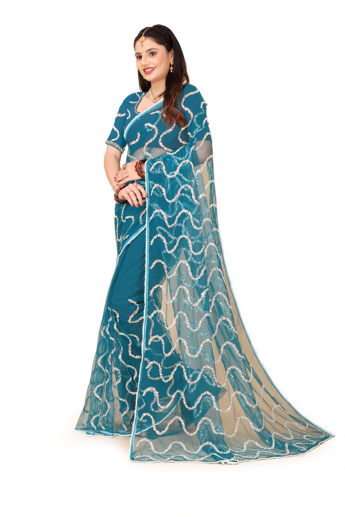Nagin Morpankhi Teal Saree — view 7
