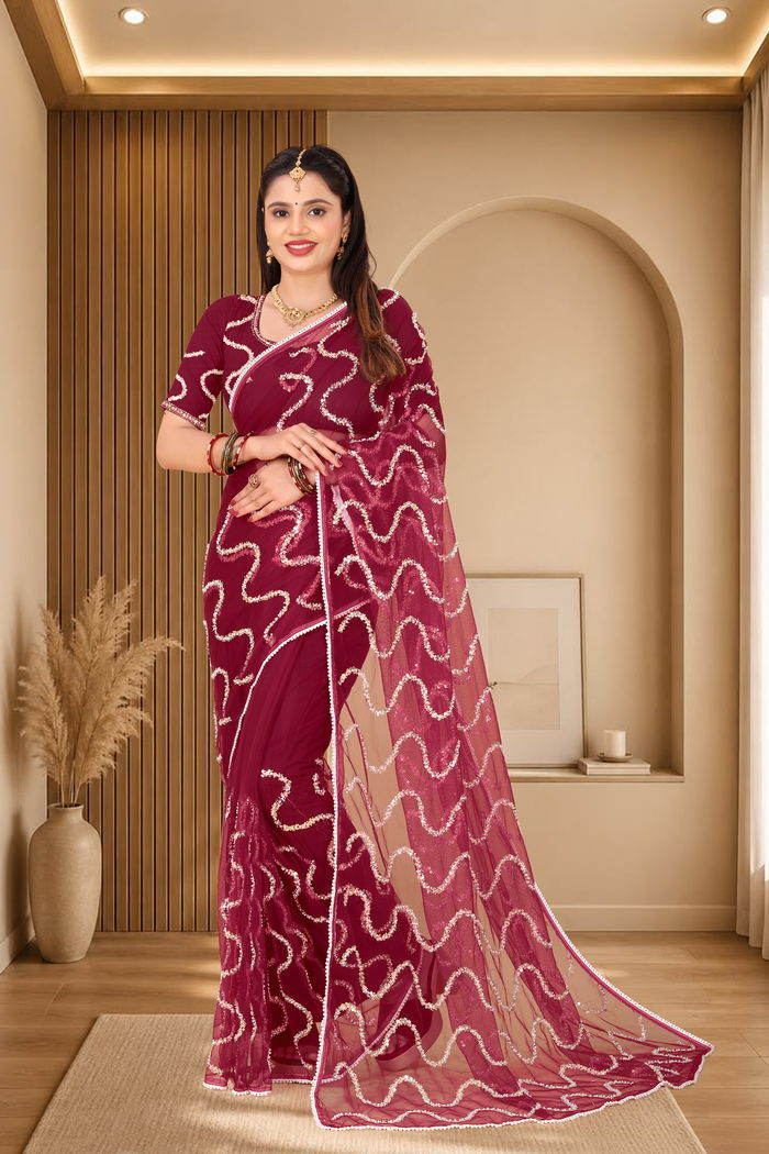 Nagin Maroon Wine Saree — Nagin Jacquard Loom Weave with Resham Lehariya