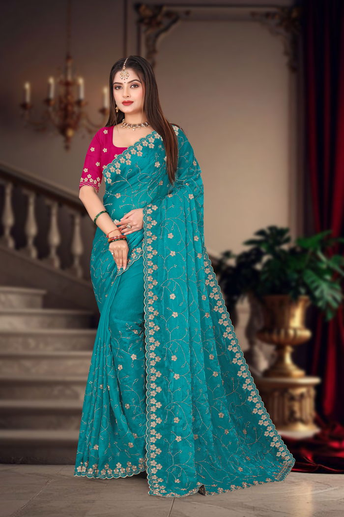 Firozi Peacock Real Zari Saree — Antique Zari Brocade & Resham Aari Handwork