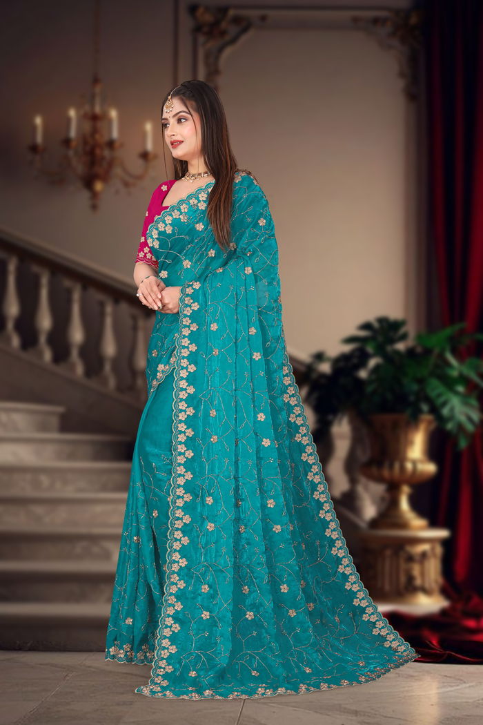 Firozi Peacock Real Zari Saree — view 2