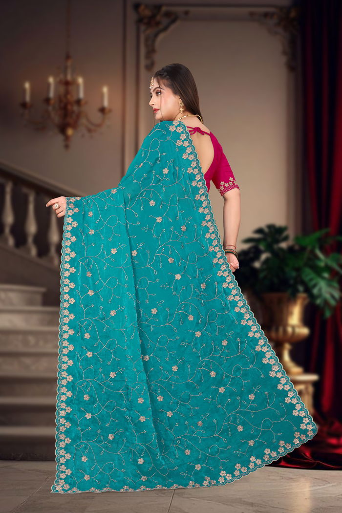 Firozi Peacock Real Zari Saree — view 4