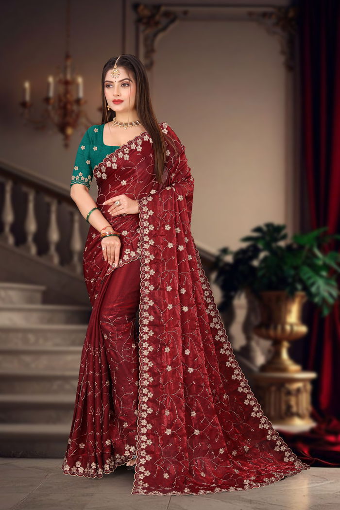Sindoori Maroon Heritage Zari Saree — Antique Zari Brocade & Resham Aari Handwork